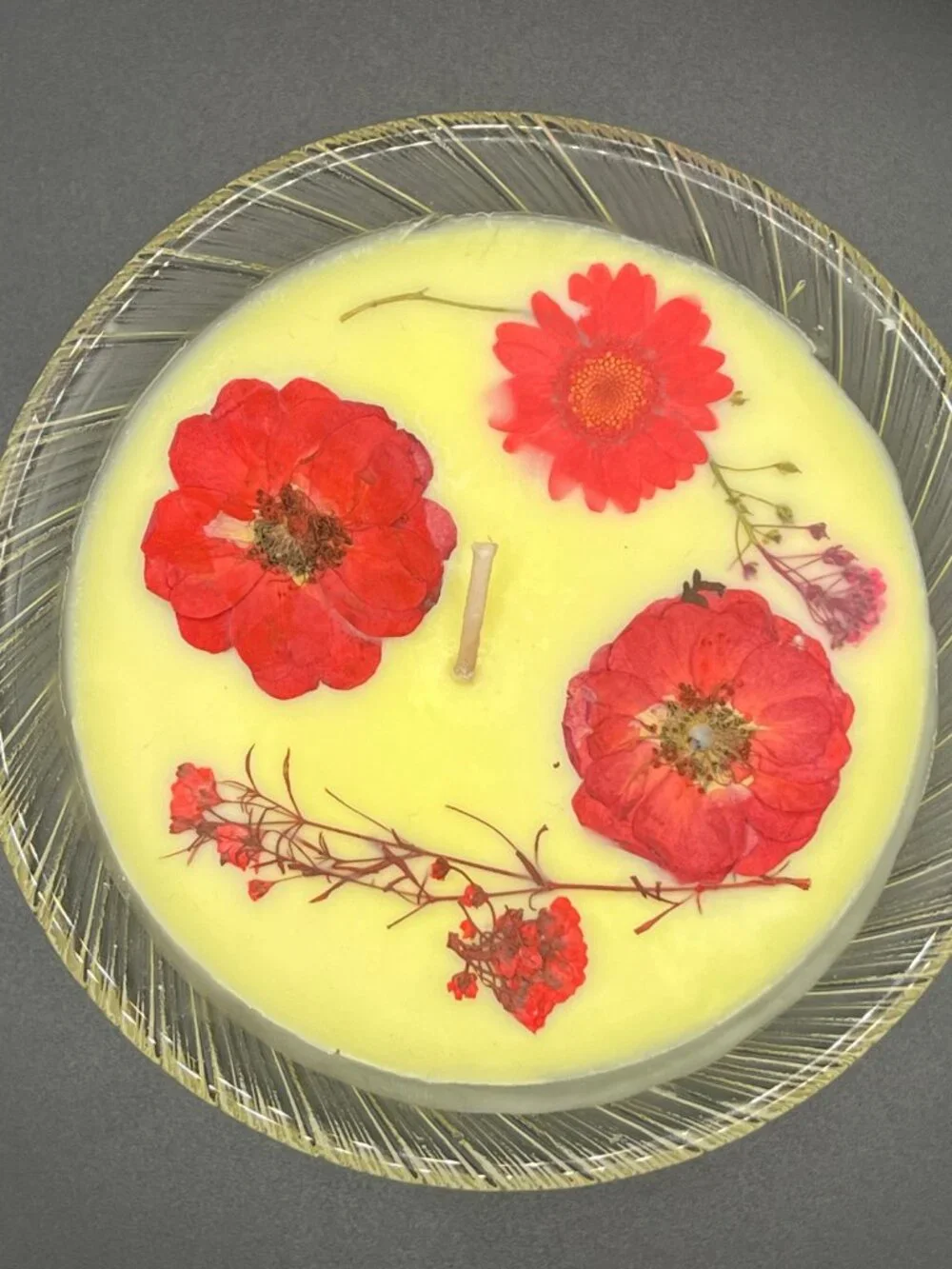 Red Floral Soy Candle in Clear Ribbed Glass Pedestal Bowl